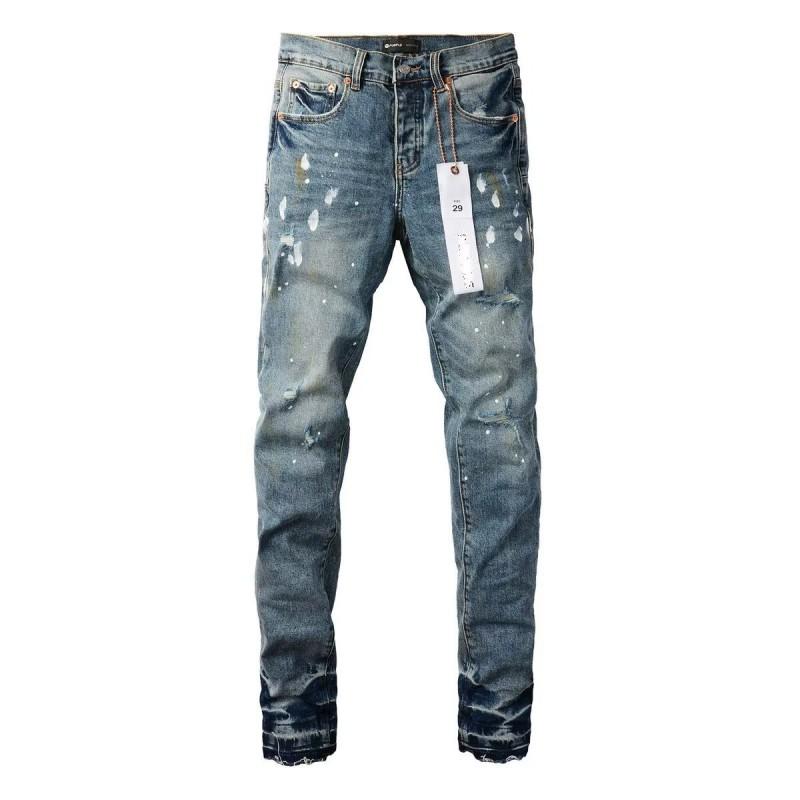 Mens Slim Fit Distressed Denim Jeans With Embroidered Patch Vintage Ink Wash Stretch Cotton Streetwear Style