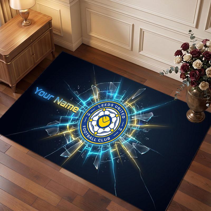Leeds United Custom Crystal Velvet Rug, Personalized Name Text Print, Football Logo Soft Non‑Slip Floor Mat Home Decor Gift