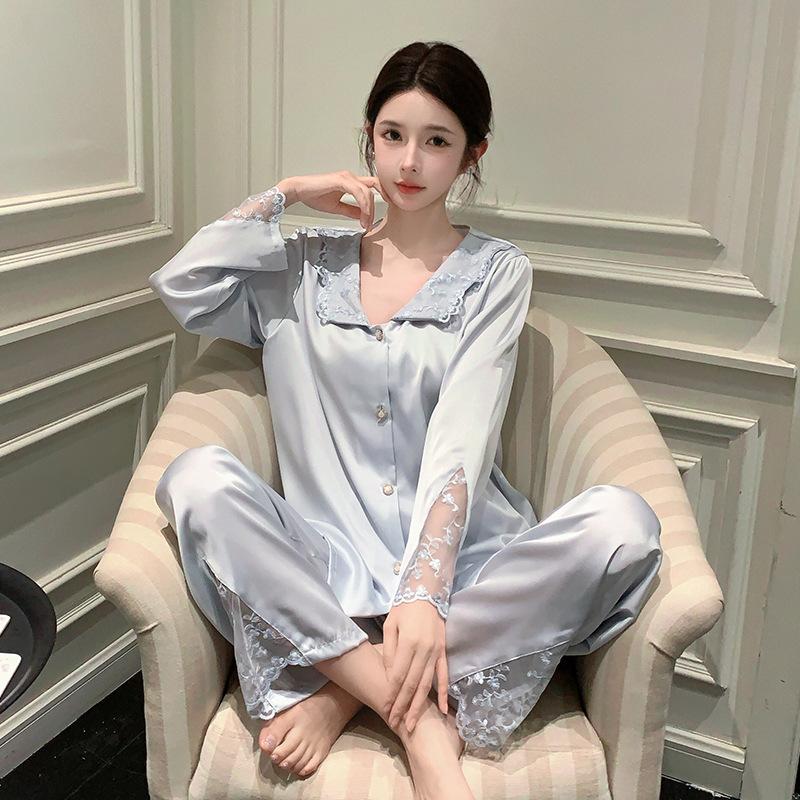 Ice Silk Pajamas Women's French Lace Cardigan Imitation Silk Long-sleeved Trousers Two-piece Set Summer Spring and Autumn Loungewear