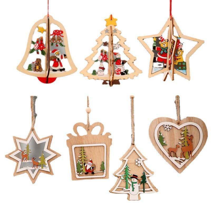 Wooden Christmas Hanging Ornaments 3D Hollow Design Cute Patterns For Home Party Holiday Decor