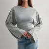 Y25TP201 European and American Women's Solid Color Round Neck, Wide Sleeve, Cinched Waist Sexy Long Sleeve Top