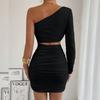 Fashion Single Shoulder Sleeve Hollow Out Dress Spicy Girl Slant Shoulder Hip Wrapping Sexy Party Short Dress Pleated Solid Colar Elegant Clothing