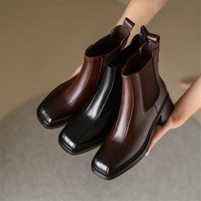 Fashion New Autumn Winter Genuine Leather Women Boot Fashion Boots Square Toe Chunky Heels Boots for Women High Heels Zapatos Mujer