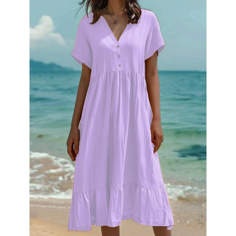VEZFAA Damenmode Sommer Frühling Einfarbiger Druck Kurzarm V-Ausschnitt Lockere Taille Lässige Kleider
