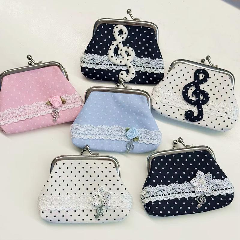 Cute Y2K Coin Purses Lady Small Wallet Wave Dot Handmade Lace Showa Rose Vintage Bag Hanging Pendant Earphone Bag Wallet