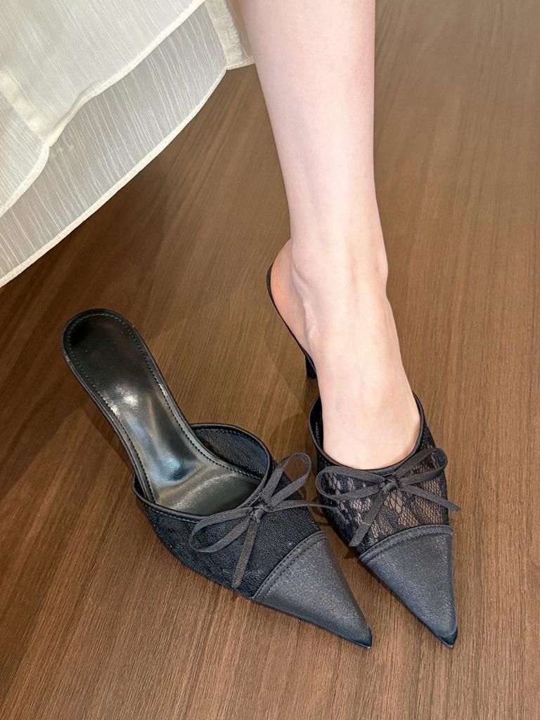 Cold and gentle feeling! Lace pointed head bow high heels women's sexy bag head half slippers