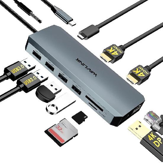 WAVLINK USB C Docking Station Dual Monitor for Dell HP Surface Lenovo MacBook Laptop, Triple Display USB-C Hub Multiport Adapter Dongle- 2 HDMI, VGA, серый