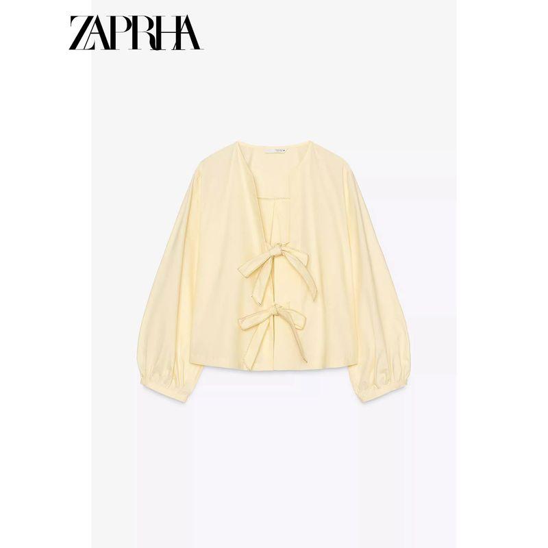 Zaprha 2025 New Arrival French Fashionable Bow Decorated Poplin Long Sleeves Round Neck Loose Shirt Female 0387074