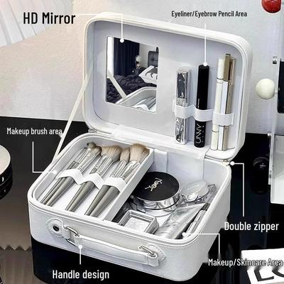 Portable Large Capacity Makeup Bag with Mirror - Multifunctional Hard Shell Storage Case, Stylish and Ins Style Design
