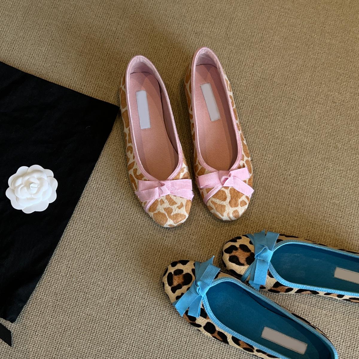 

Sheepskin version~ French evening breeze bow leopard print single shoes round head ballet shoes one pedal shallow mouth flat shoes women 35