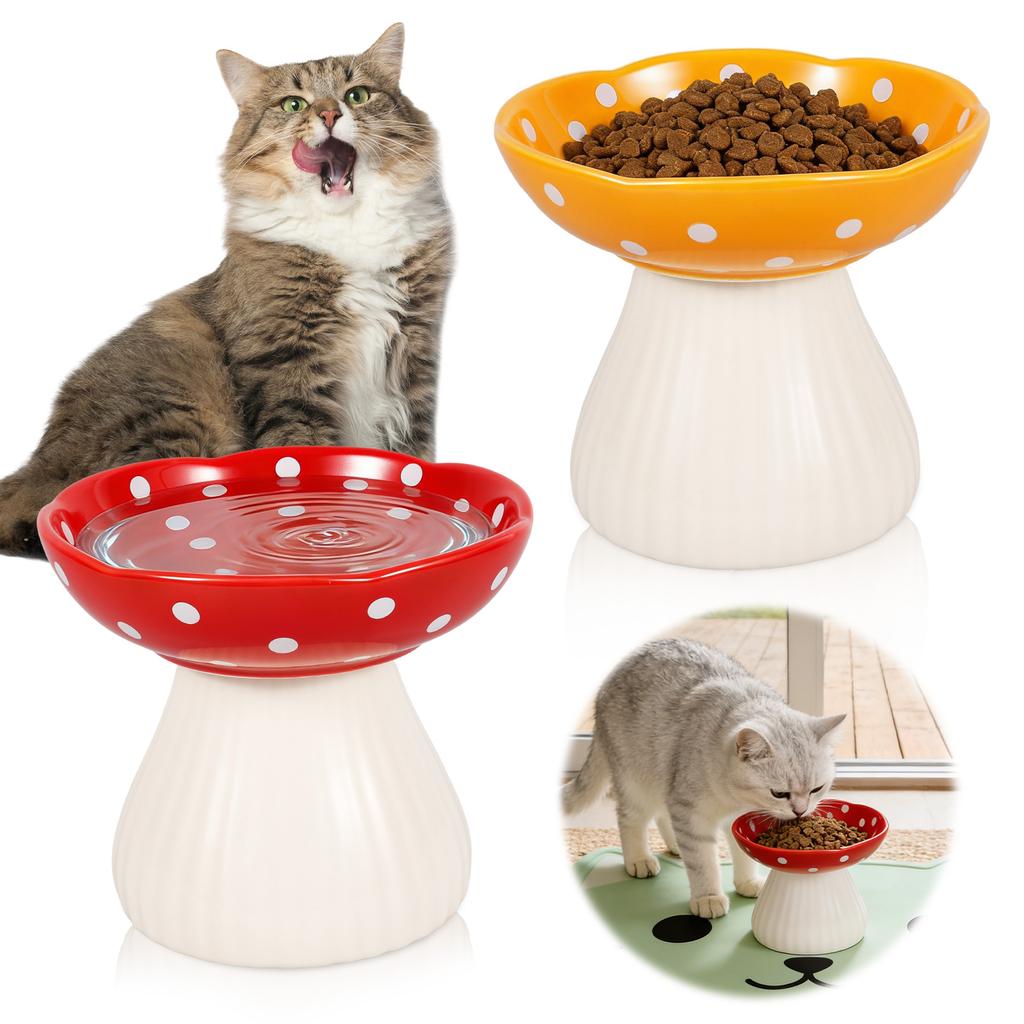 2 Pcs Elevated Raised Cat Bowl Mushroom Cat Water High Feet Food Bowl Ceramic Pet Neck Protection Anti-black Food Dish
