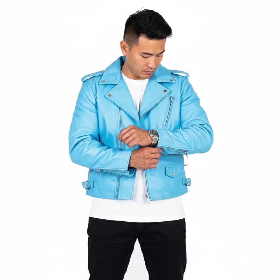 

Jacket Handmade Leather Soft Causal Motorcycle Turquoise Lambskin Genuine Men s 3XL бірюзовий