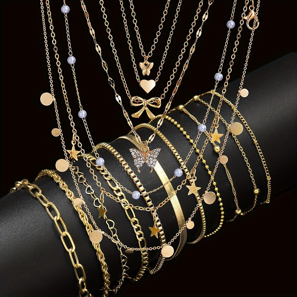 Ensemble de bijoux mode minimaliste 17 pièces pour femmes Collier avec pendentif torsadé vintage os de serpent cœur papillon étoile Bracelets Ensembles Cadeau