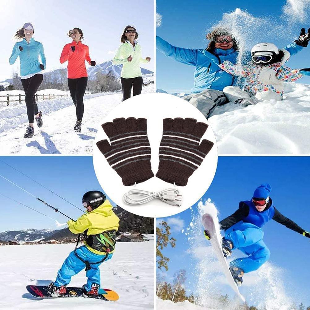 USB Heated Gloves Mitten for Men Women Striped Knit Fingerless Gloves Winter Hands Warmer Laptop Gloves for Adults