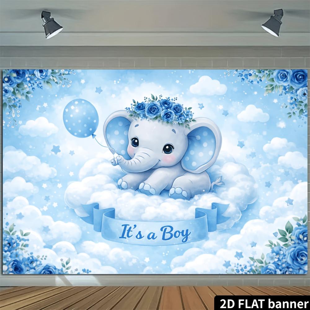 2D Plane Cloud Elephant Theme Background Cloth - Light Blue Dreamy Style  Decorated with Balloons  Stars and Blue Roses