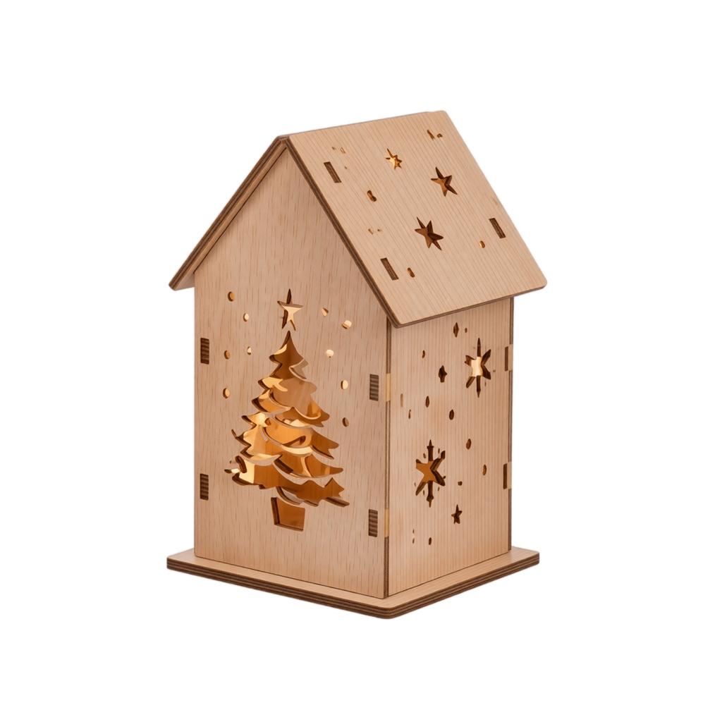 Wooden Christmas House Tabletop Decoration with Light - DIY Assembly Kit with Button Battery, for Holiday Home Decor
