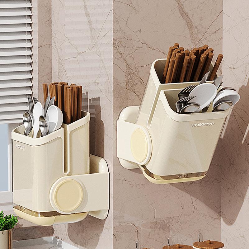 Wall-Mounted Anti-Mildew Chopstick and Utensil Holder With Draining Shelf.
