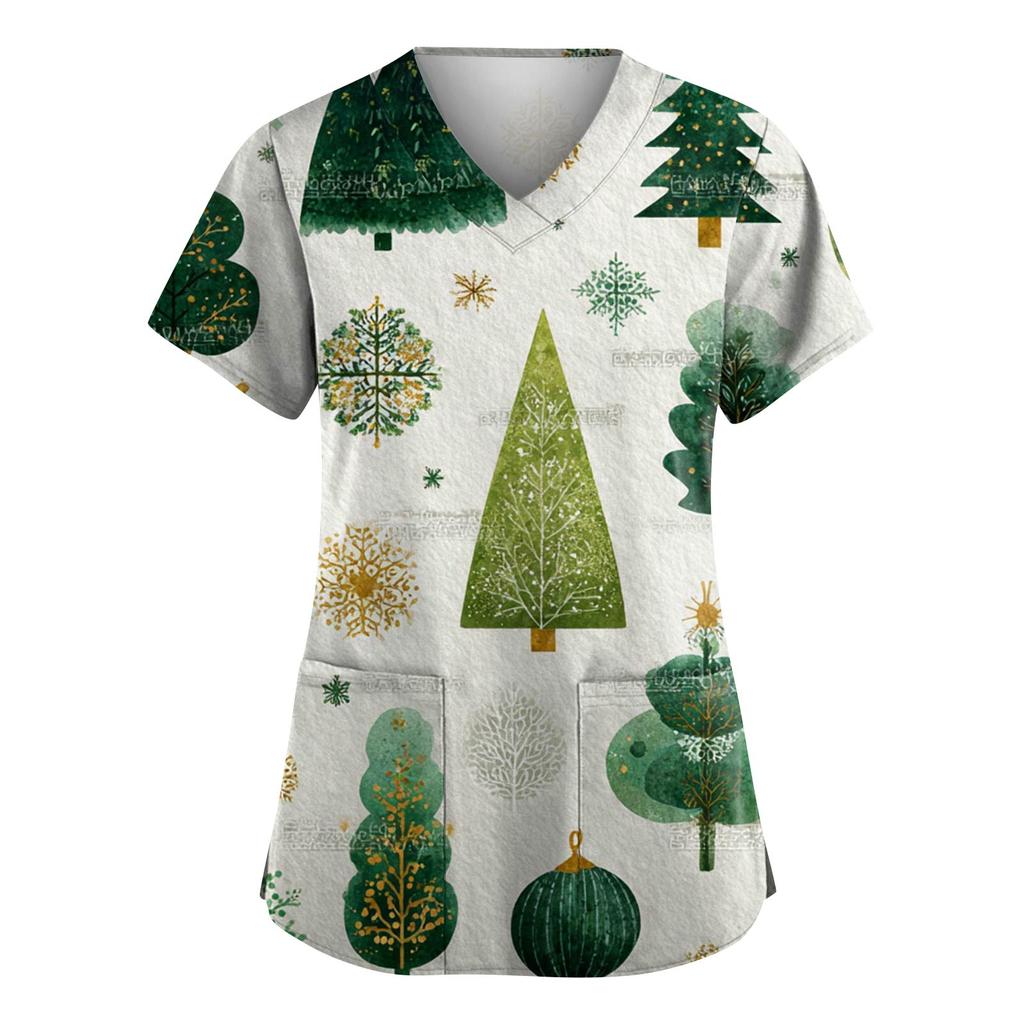 Women's Fashion V-Neck Short-Sleeved Workwear With Pockets Christmas Print Top Caregiver Uniform