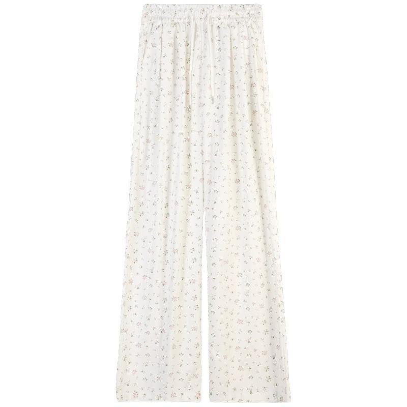 High Waist Floral Ice Silk Women's Summer Wide-Leg Pants, 145-150 Petite