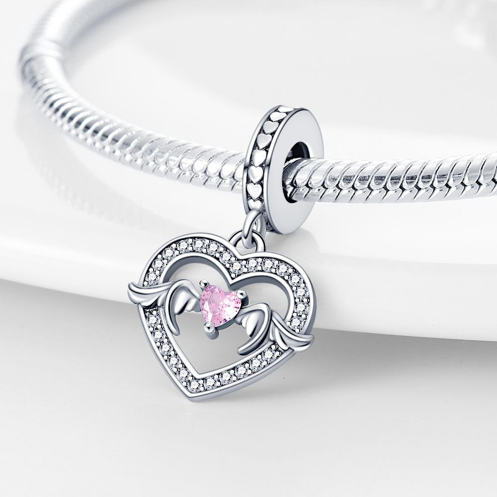 S925 Silver Heart Shaped Wings Pendant With Colorful Sparkling Zirconia DIY Jewelry Making Craft Accessories