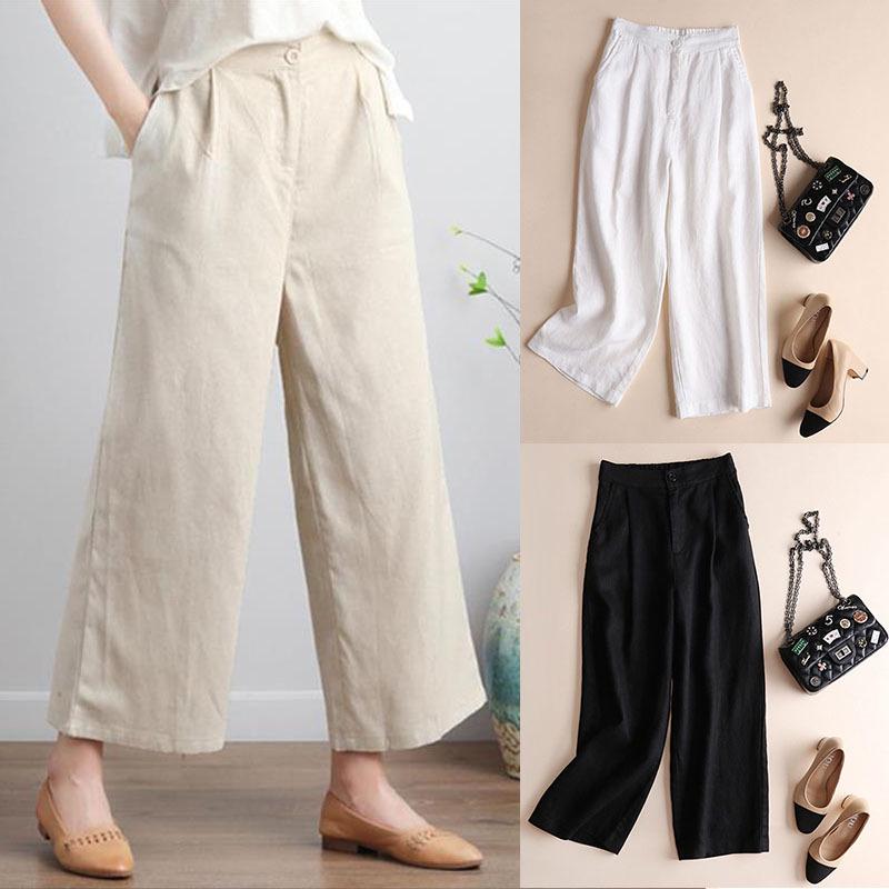 Women Fashion Cotton Linen Solid Color Thin Wide Leg Loose Ninth Pants