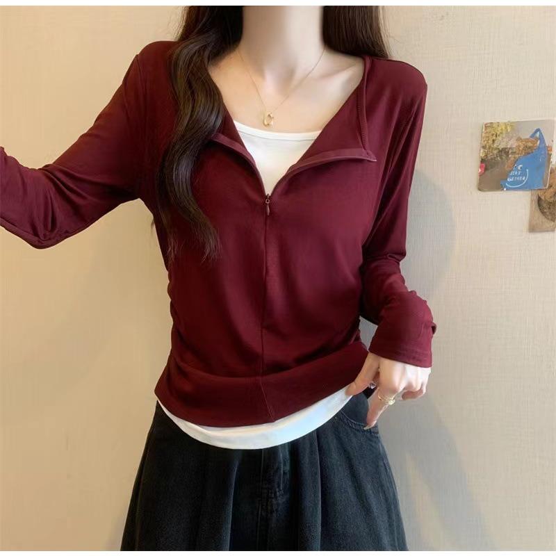 Lente Herfst Nep Twee Delen Casual Mode Rits Top Dames Lange Mouw All-match Pullover T-shirt Tee