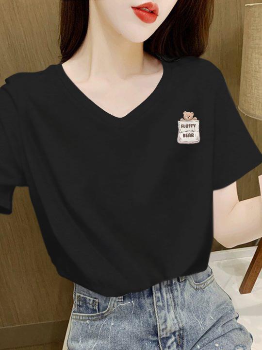 Korean version 2025 new summer simple cotton short-sleeved t-shirt women's white V-neck top loose cotton t-shirt