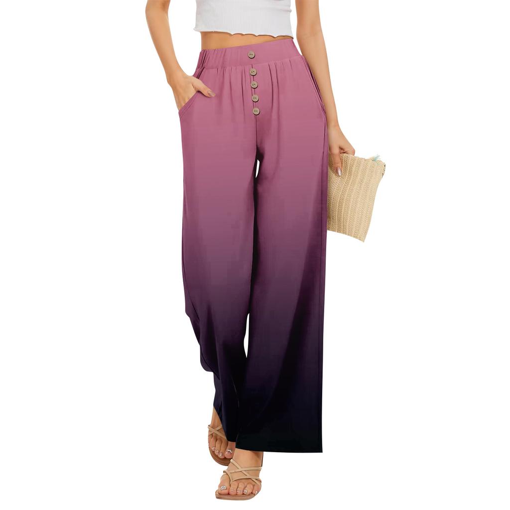 Damen Sommer Locker Weites Bein Hose Elastischer Bund Knopfleiste Vorne Mit Taschen Polka Dot Farbverlauf Druck Lässige Hose
