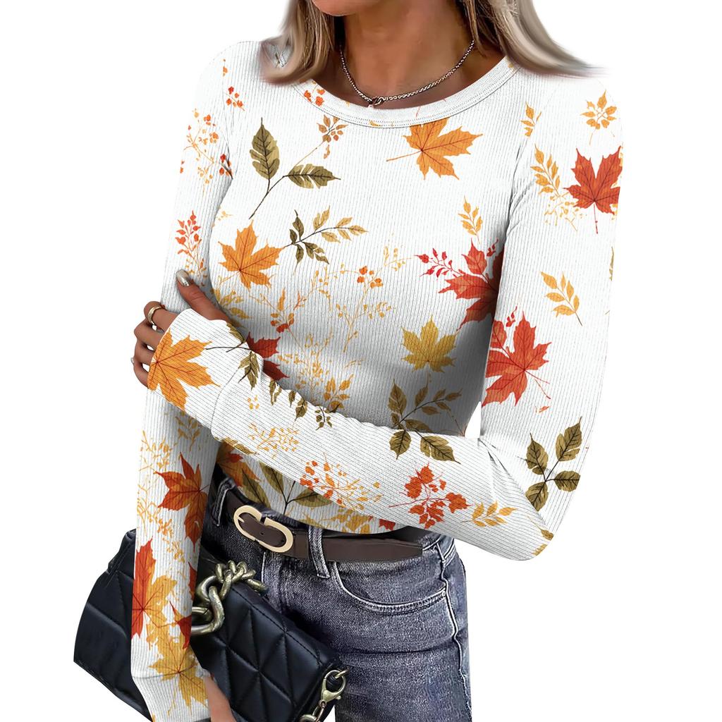 Women's Fitted Long Sleeve T-Shirt with Maple Leaf Print, Neck and Cuffs for Everyday Wear