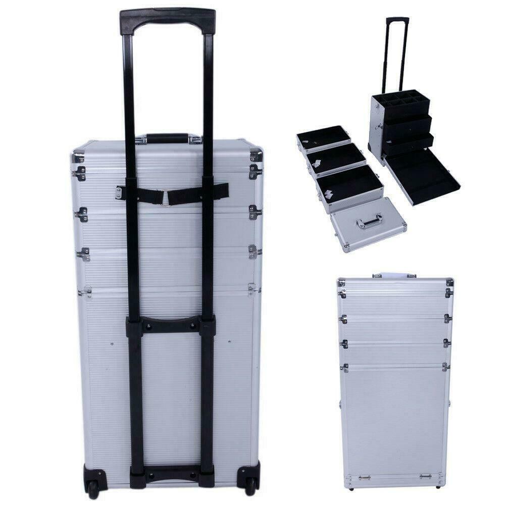 Professioneller Kosmetikkoffer mit großer Kapazität, tragbarer Aluminium-Make-up-Organizer-Koffer-Trolley für Damen, Reise-Make-up, Pink/Schwarz, 4-in-1