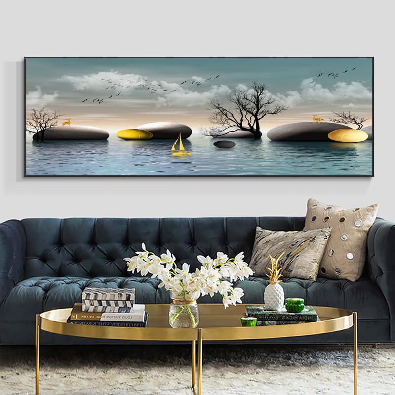 Abstract Golden Lucky Stone Posters and Prints Modern Canvas Painting Wall Art Pictures for Living Room Deer Home Decor No Frame