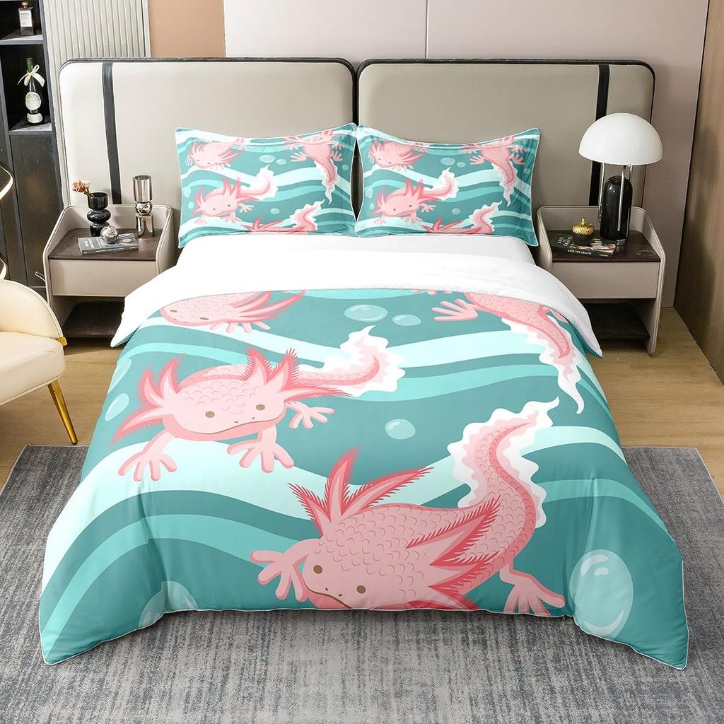 Cartoon Axolotl Bedding Set Twin Full Size Cute Ocean Animal Duvet Cover with 2 Pillow Sham Pink Comforter Cover Set Decorative