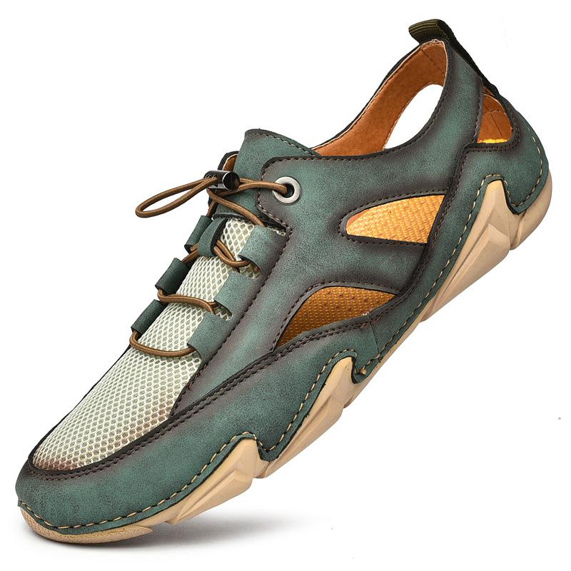 

Сандалии больших размеров 38–46. Мужская модная повседневная кожаная обувь с полым трендом. Повседневная пляжная обувь на открытом воздухе. 46 зелёный