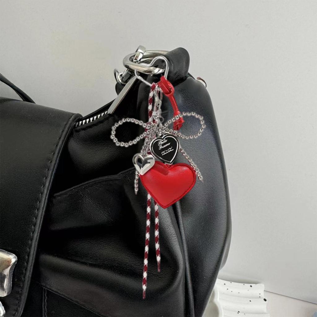 Glossy Leather Heart Keychain Faux Pearls Bowknot Braided Rope Car Keyring Bag Charm Gift Accessory for Women Girls