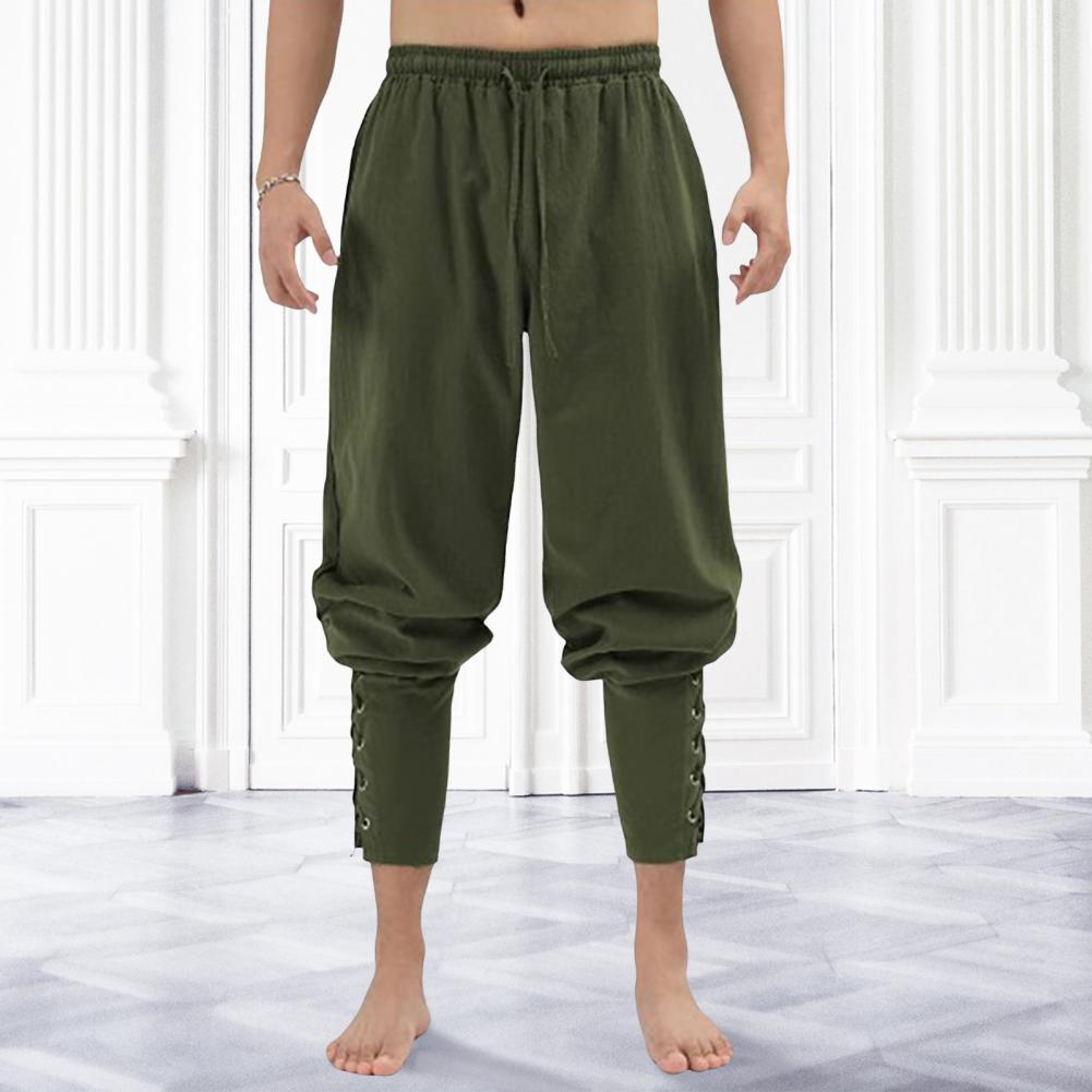 Men Pants Medieval Vikings Pirate Ankle-banded Lace-up Strap Elastic Waist Pleated Loose Solid Color Cropped Trousers Cosplay