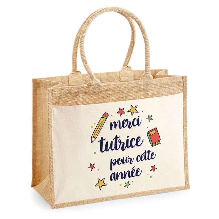 Sac jute avec poche Merci Tutrice étoiles Cadeau Anniversaire Noël Original Personnalisé Femme | Sac de course shopping