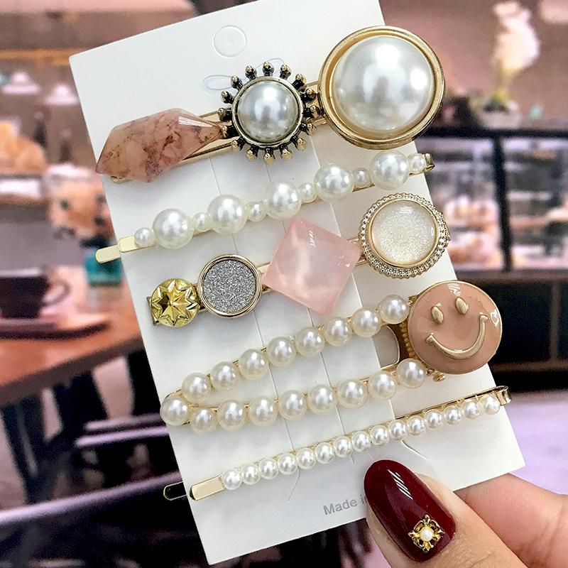 5Pcs/Set Fashion Smiley Pearl Hair Clip For Women Girl Geometric Acetate Barrettes Hairpin Headwear Hair Accessories  Trendy