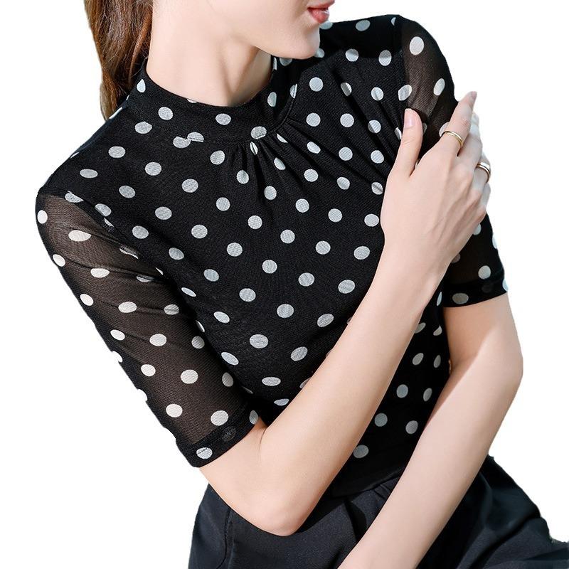 Black Polka Dot Medium-sleeved Women's T-shirt New Spring Stand-up Neck Bottoming Shirt Top