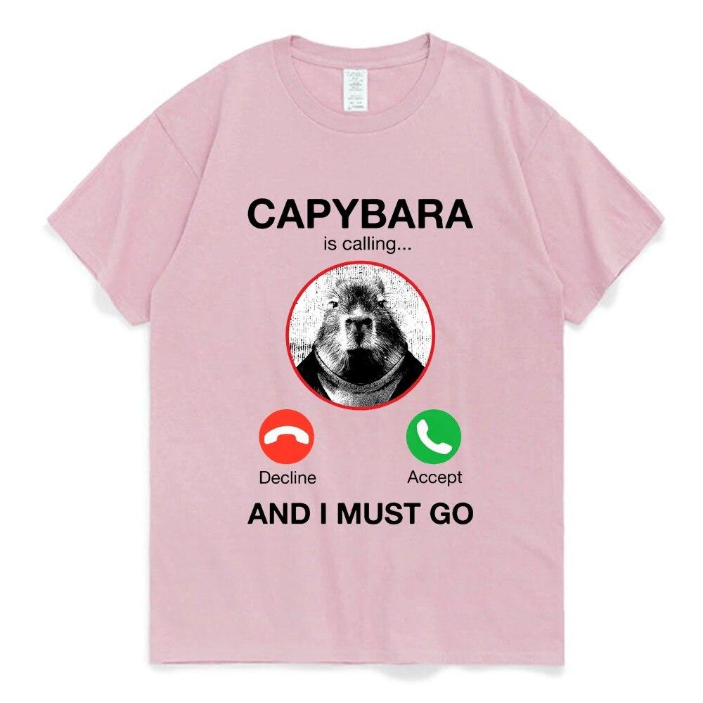 Capybara Is Calling and I Must Go T Shirt Phone Graphic T-shirts Unisex Women Clothing 100% Cotton Short Sleeves Oversized Tees