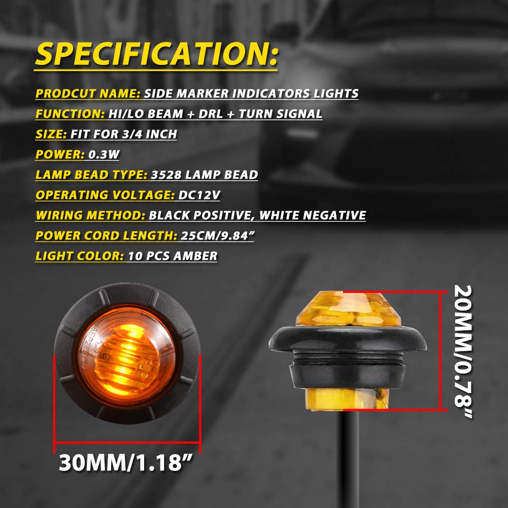 KaTur 3/4" Round LED Front Rear Side Marker Indicator Light Waterproof Clearance Marker Lights Car Truck (Amber)