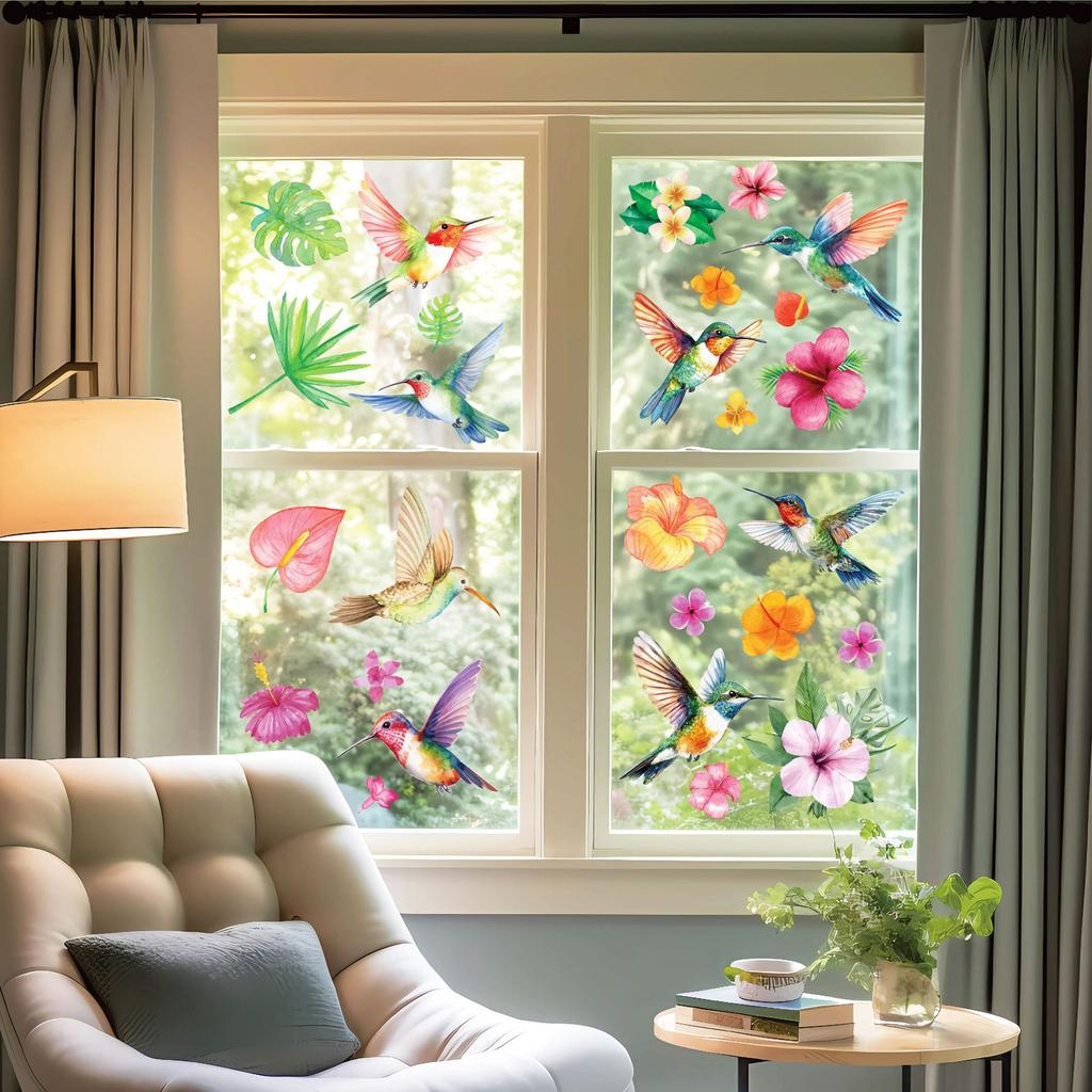 Spring window stickers hummingbirds flowers watercolor window glass door wall decoration stickers self-adhesive window stickers