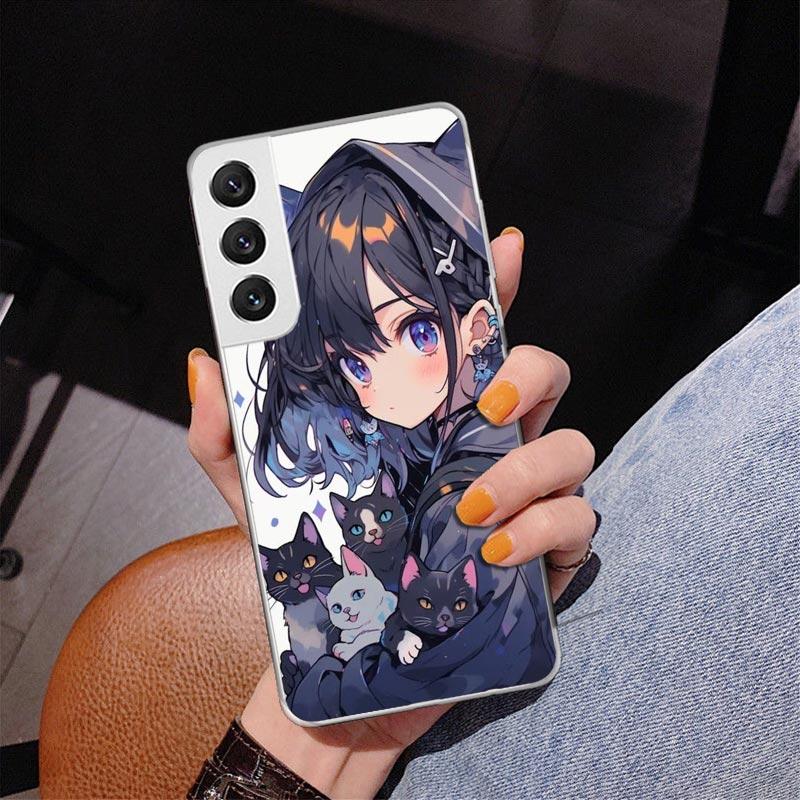 Cute Anime Ins Girls Animal Cat Phone Case For Samsung Galaxy S24 S25 Edge S26 Ultra S23 S22 S21 Plus S20 FE + Personalized Prin