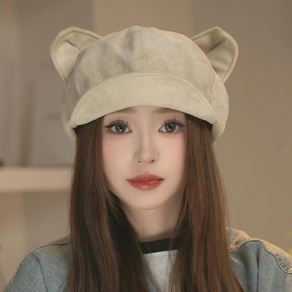 Autumn/Winter Japanese Cute Bear Ears Suede Octagonal Painter Hat - Women's Simple, Versatile & Face-Flattering Design