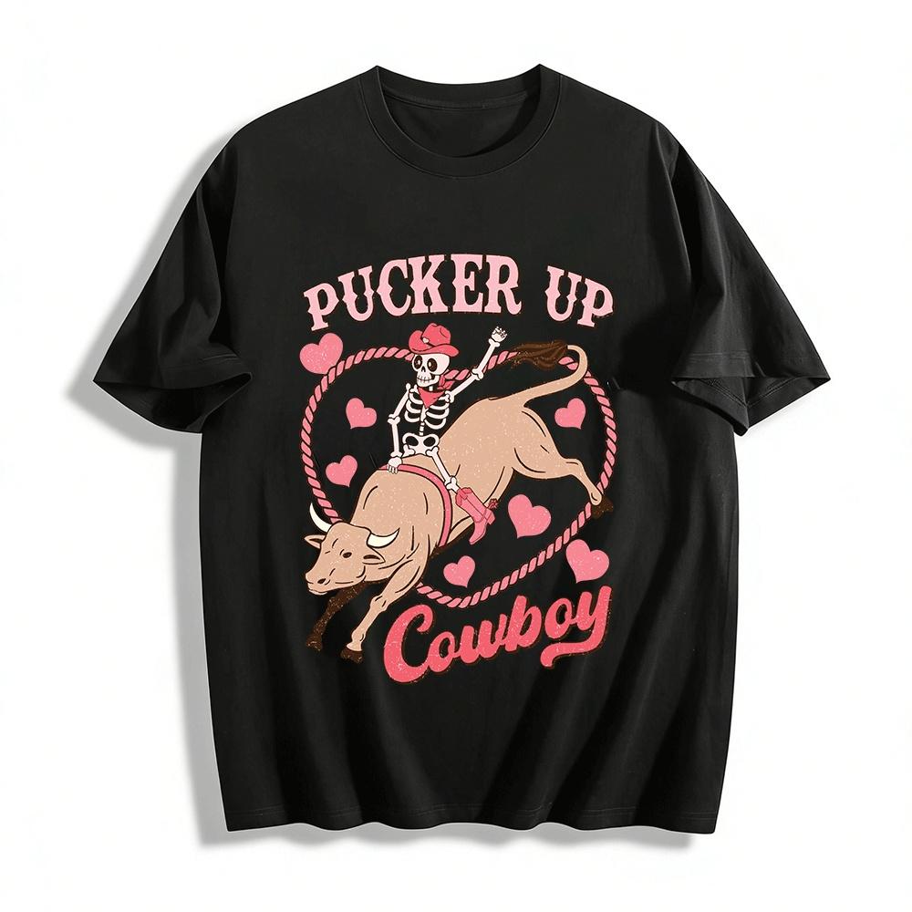 Pucker Up Cowboy Skeleton Bull Riding Heart Print Tee Pure cotton T-shirt XXS