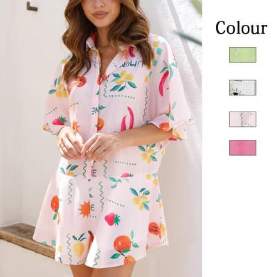 Women Summer Casual Floral Print Turn-down Collar Short Sleeve Wide Leg Shorts Jumpsuit S-XL
