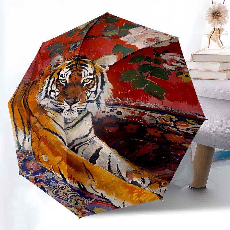 1pc Sturdy 8-Bone Auto Umbrella, tiger Umbrella, Digital Printed, Foldable Umbrella for On-the-Go Outdoor Use