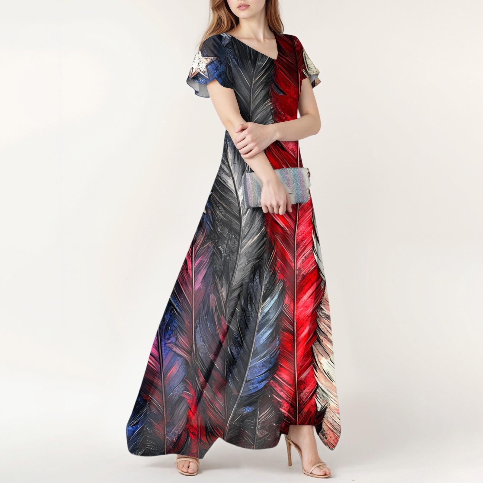 

Women s Summer Casual Fashion Independence Day Printed Dress V Neck Short Sleeve Dress M