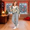 Girls V-neck Casual Top with Christmas Print Winter Holiday Pullover for Kids