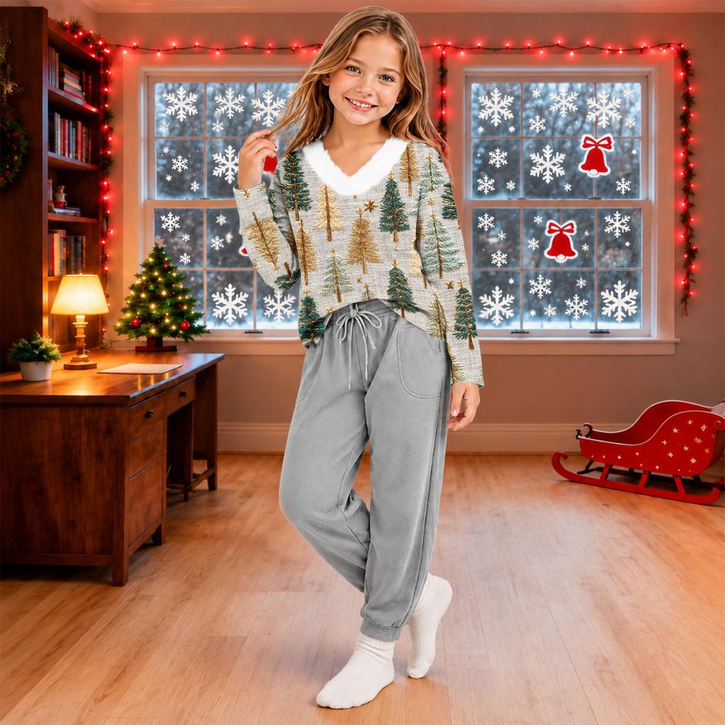 Girls V-neck Casual Top with Christmas Print Winter Holiday Pullover for Kids