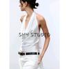 Spring and Summer New Women's Clothing Bowknot Decoration Draped Fashion Hanging Collar Silk Satin Texture Tops 2892650